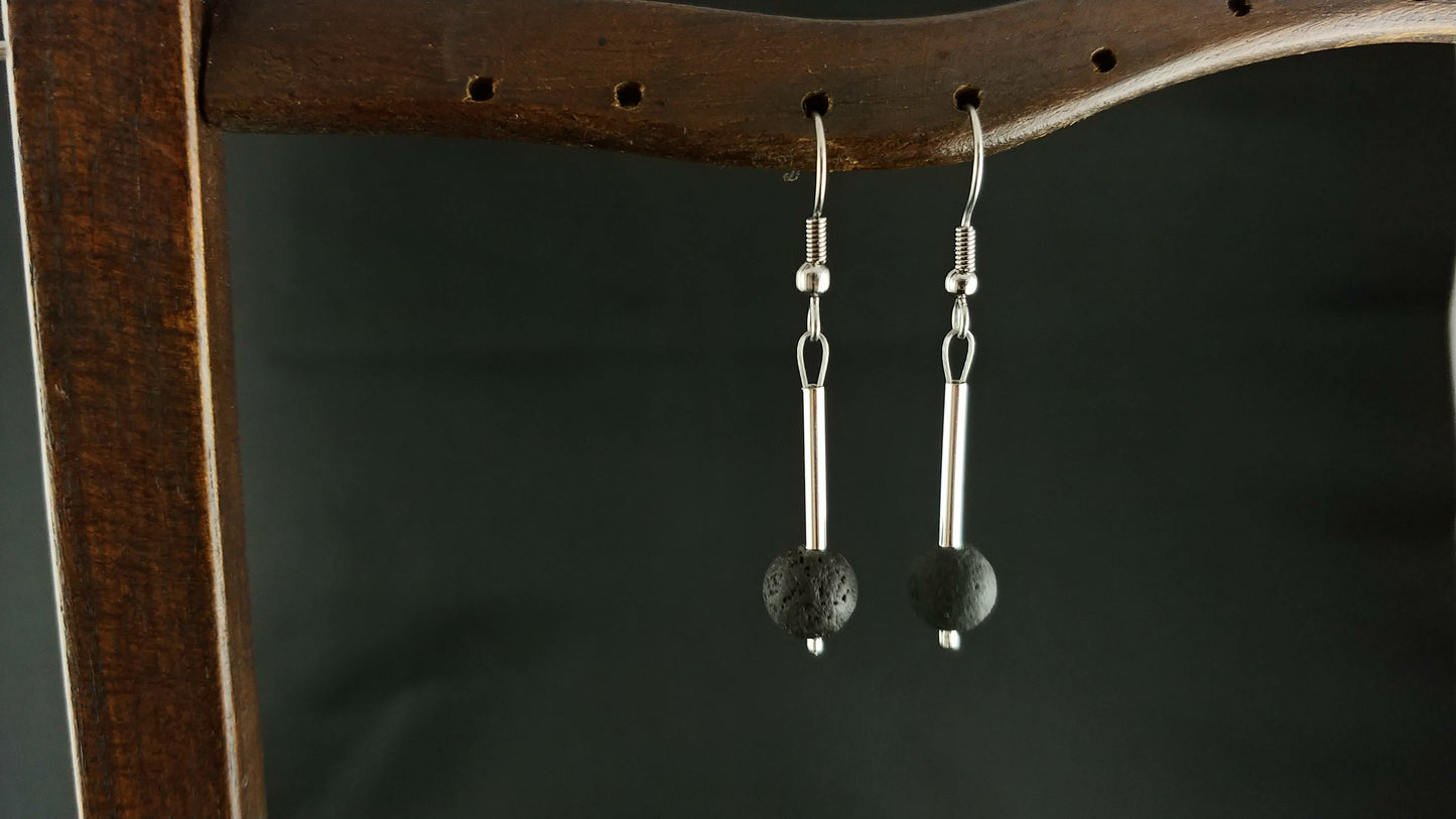 Polished Icelandic Lava Rock Earring with Silver Plated Tube Spacer