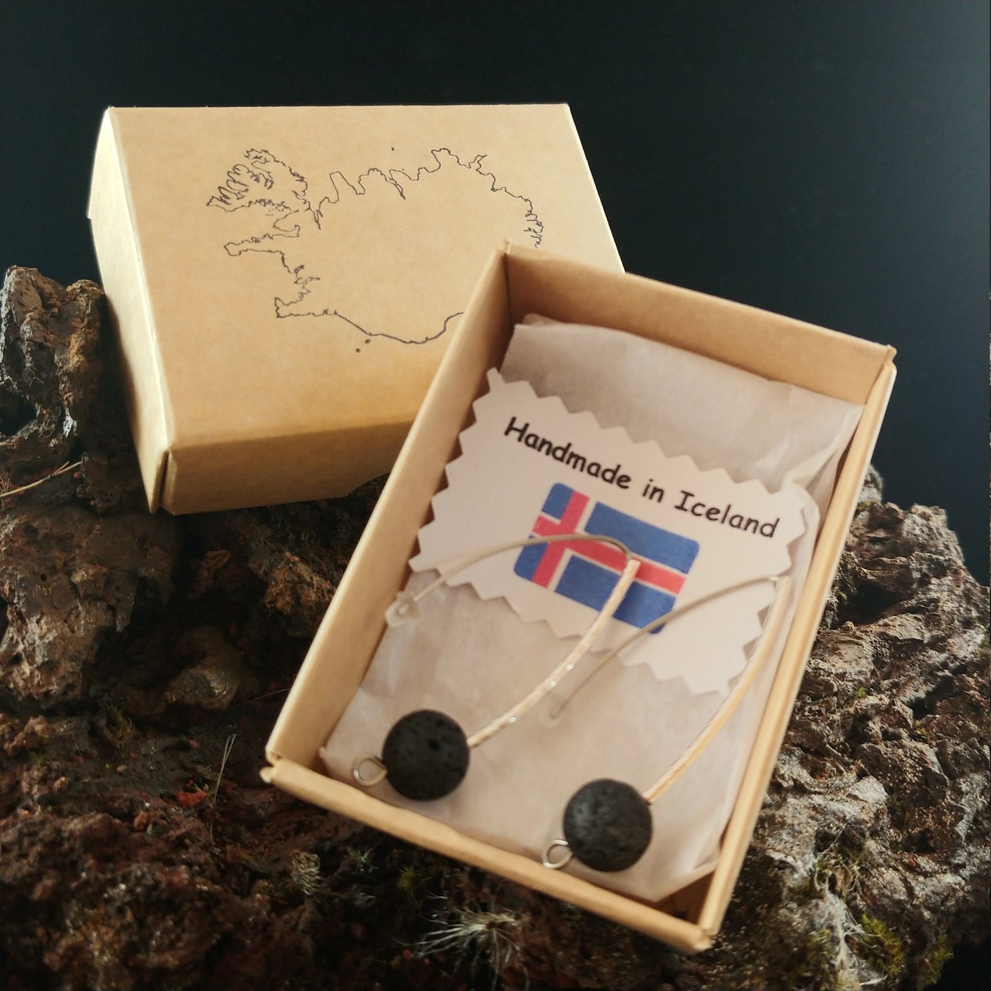 Long Curved Brass Earrings With 10mm Lava Rock - Iceland Lava Earrings