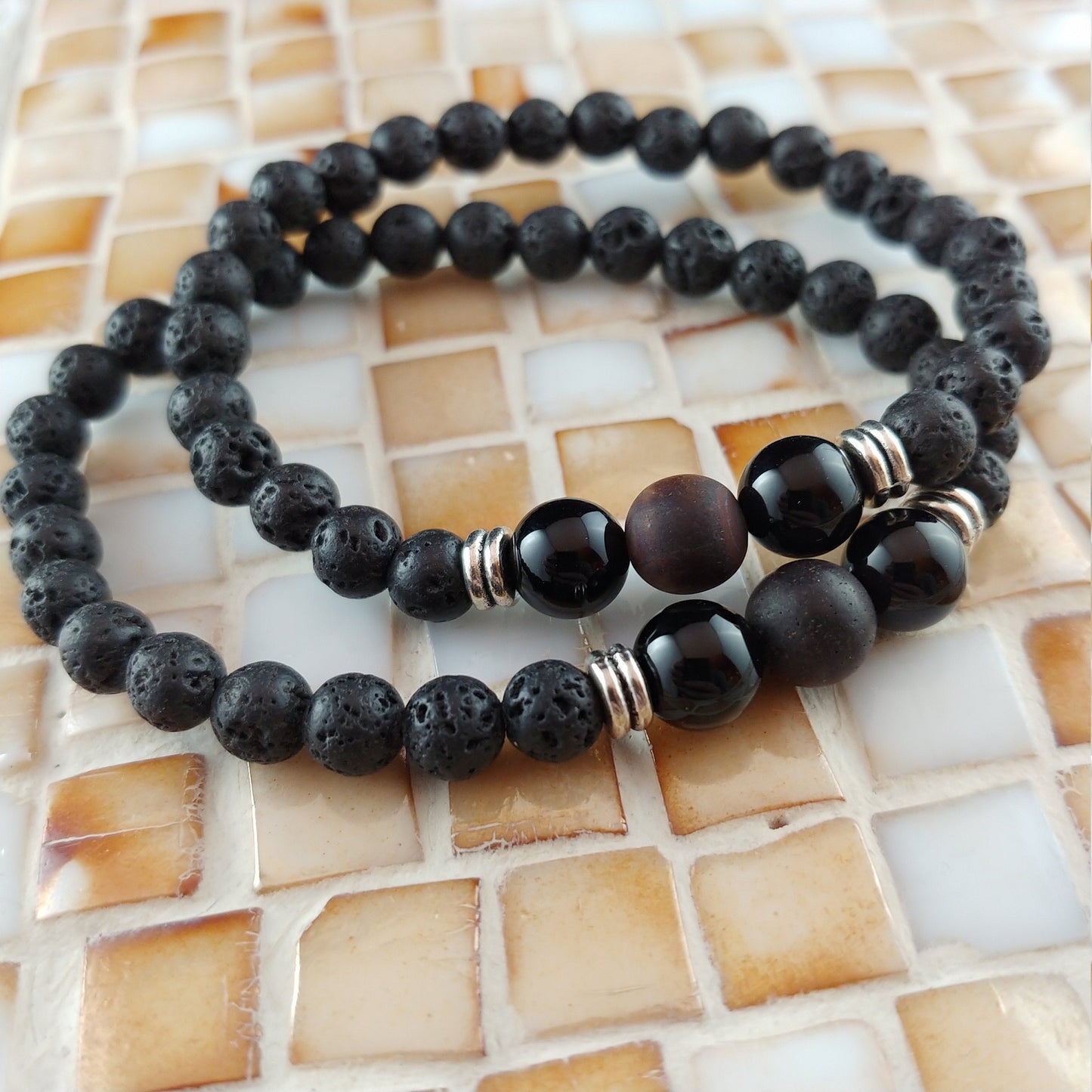 Tiger Eye Lava Bracelet - 6mm Lava Rock with 2 Black Agate Beads and 1 Frosted Tiger Eye