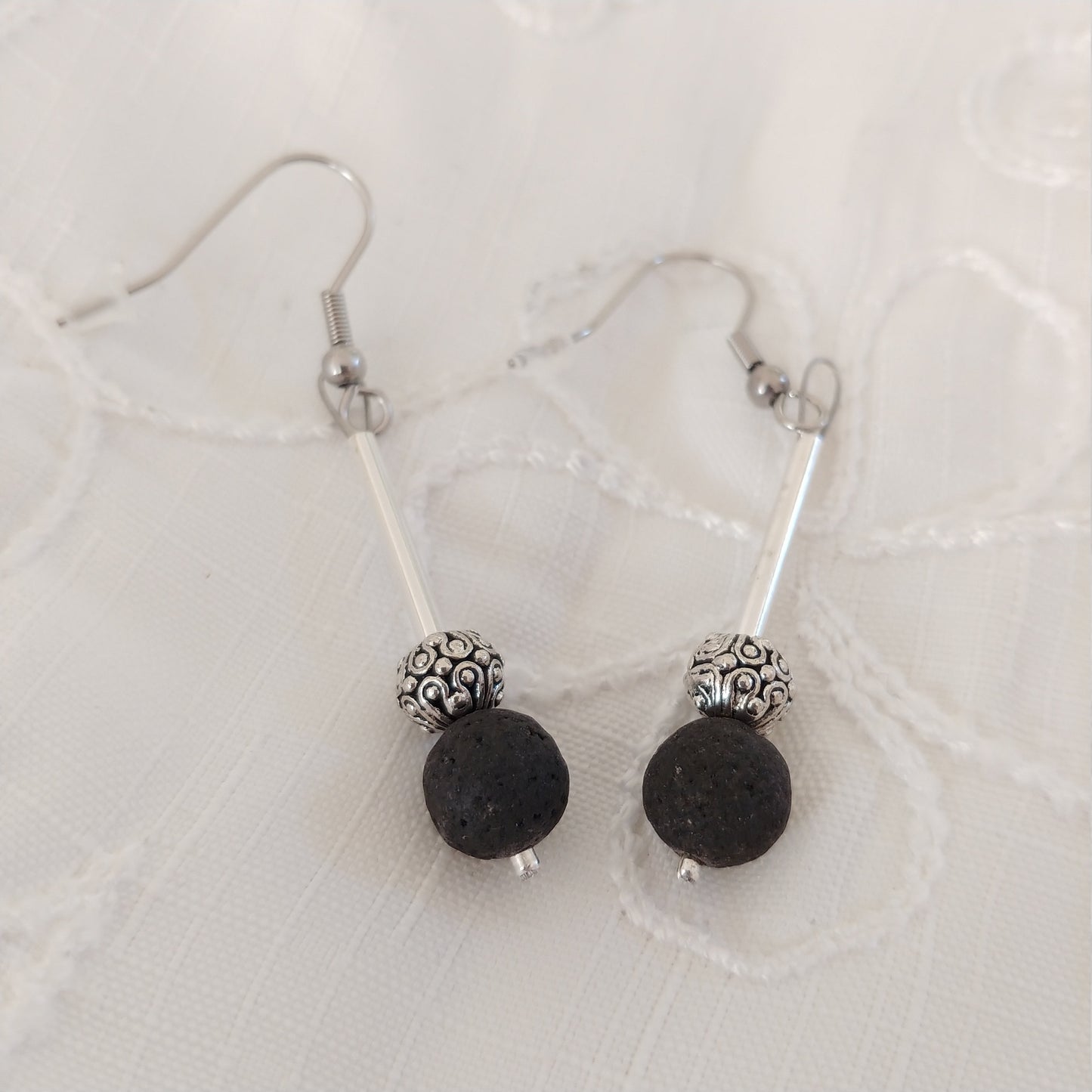 Lava Rock Silver Tube Earrings with Beautiful Round Spacer Bead