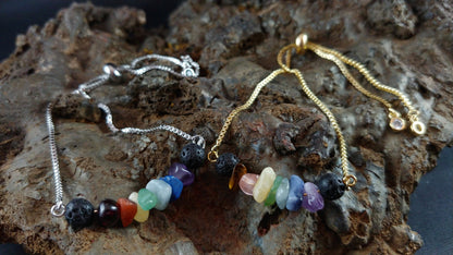 Colorful Gold and Silver Slider Lava Bracelets - Mix of Colorful Gemstone Chips with Lava
