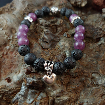 Violet Tourmaline Lava Bracelet with Heart Charm