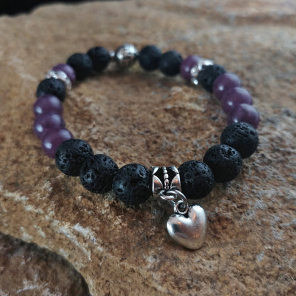 Violet Tourmaline Lava Bracelet with Heart Charm