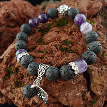 Lava and Amethyst Gemstone Bracelet - Larger 10mm Beads - Iceland Jewelry