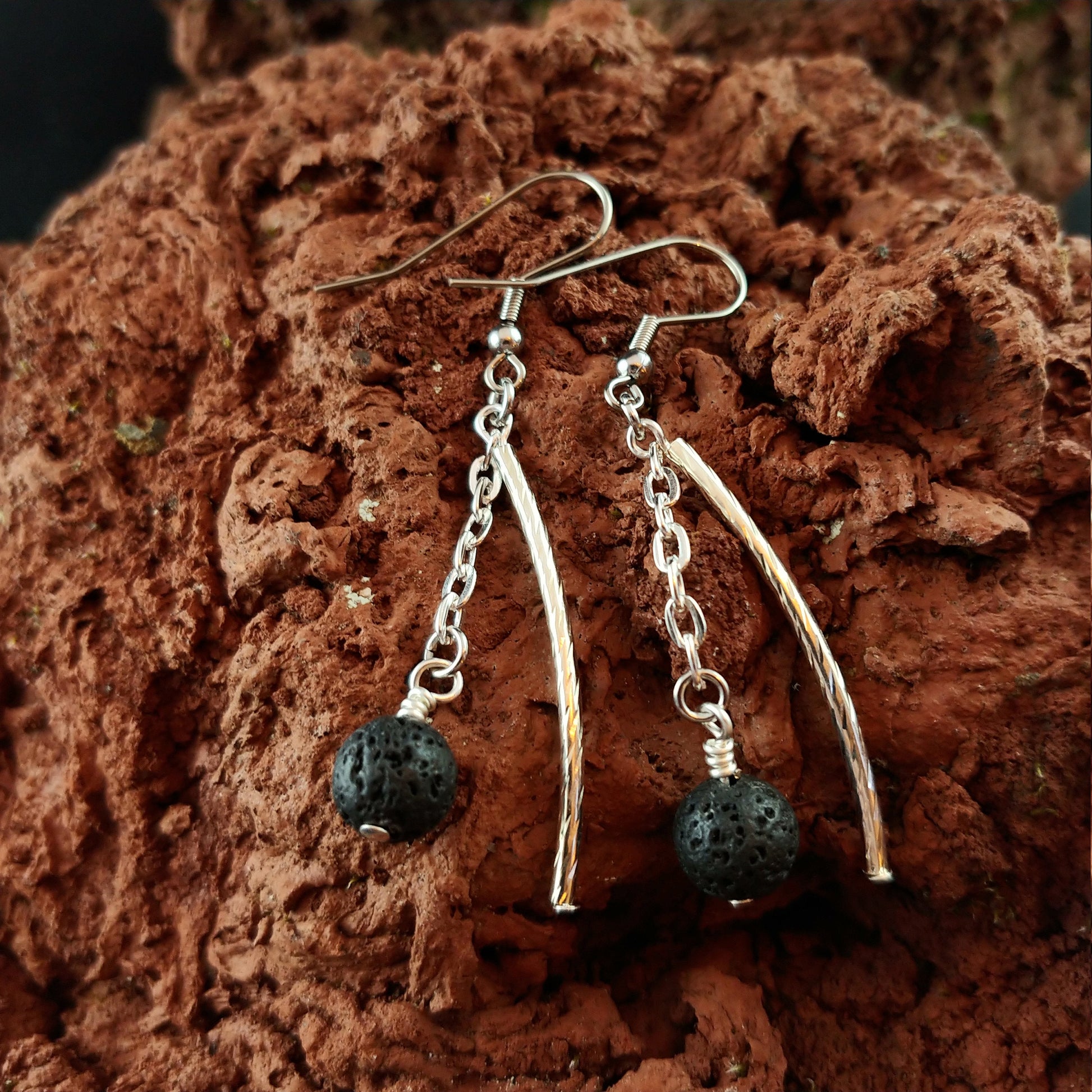 Dangle Lava Earrings with 8mm Lava Rock Beads hanging in a Chain