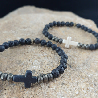 Cross Lava Bracelet with Black or White Cross and Natural Iron Pyrite Gemstone