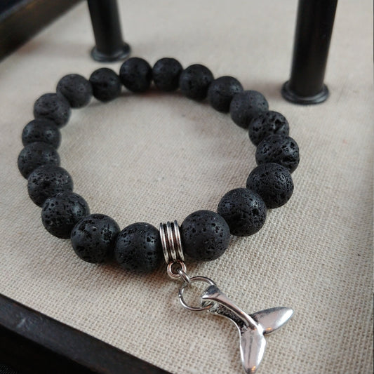 Lava Bracelet with larger 10mm lava beads and Iceland Whale Tail Charm