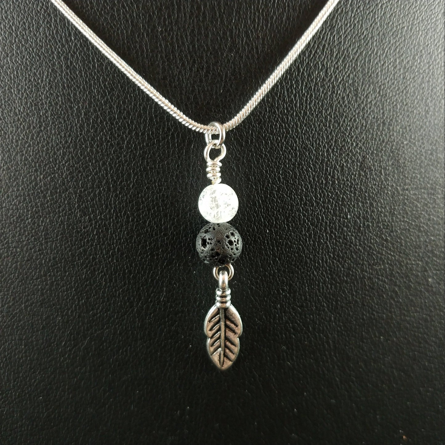 Crystal and Lava Necklace with dangling Leaf charm