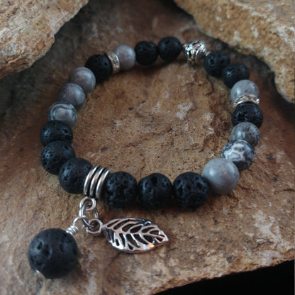 Gray Picasso Jasper Lava Bracelet with Lava and Feather Charm