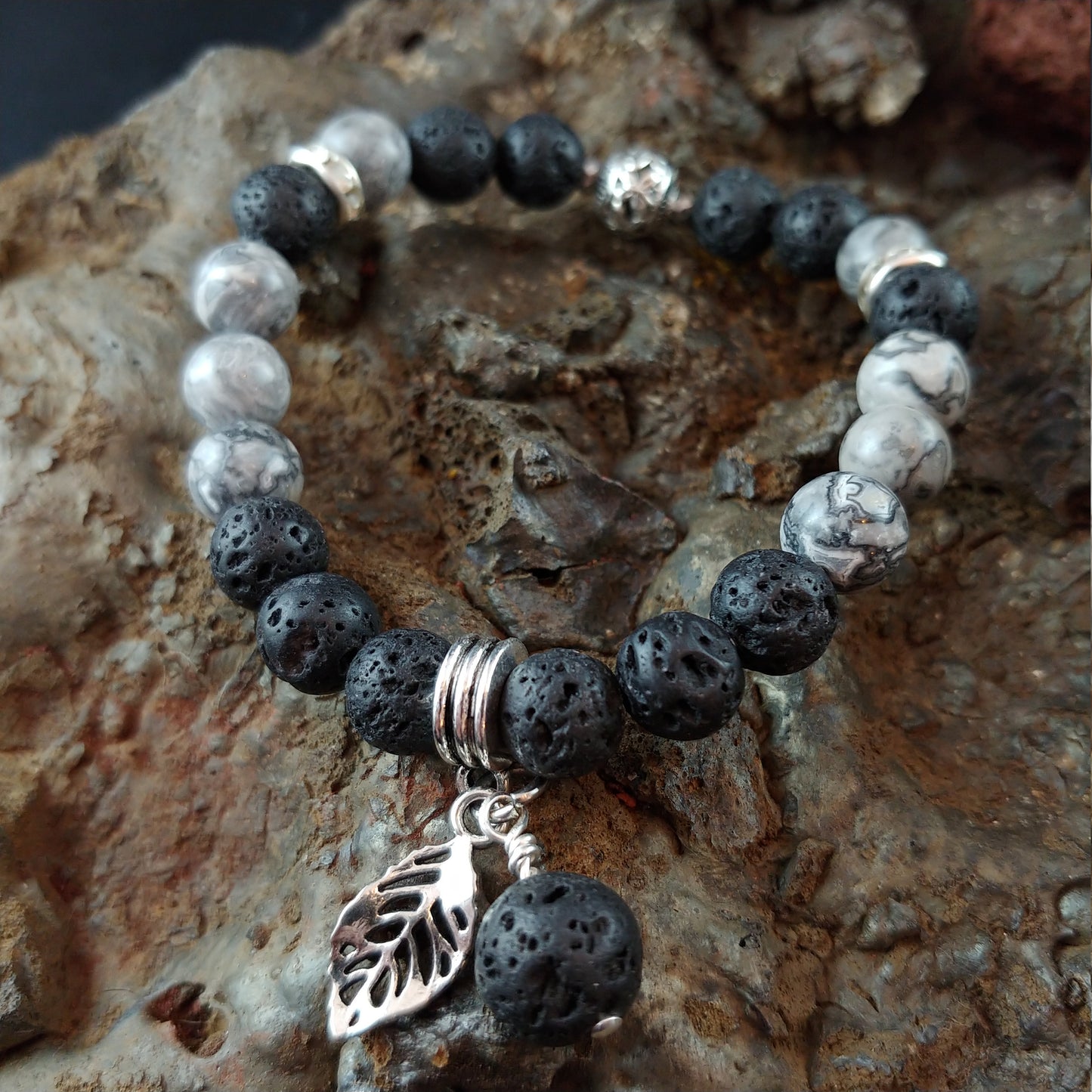 Gray Picasso Jasper Lava Bracelet with Lava and Feather Charm