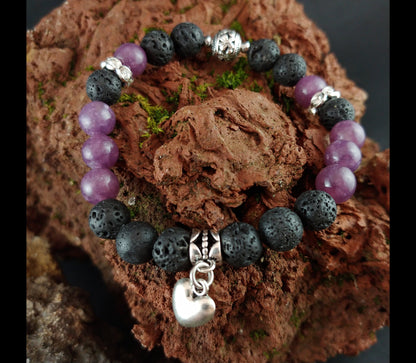 Violet Tourmaline Lava Bracelet with Heart Charm