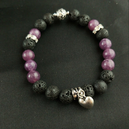 Violet Tourmaline Lava Bracelet with Heart Charm