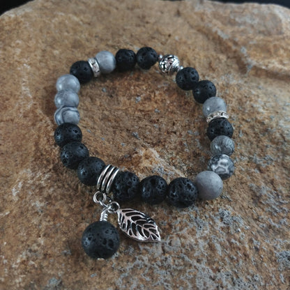 Gray Picasso Jasper Lava Bracelet with Lava and Feather Charm