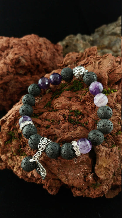 Lava and Amethyst Gemstone Bracelet - Larger 10mm Beads - Iceland Jewelry