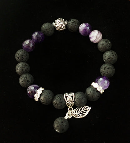 Lava and Amethyst Gemstone Bracelet - Larger 10mm Beads - Iceland Jewelry