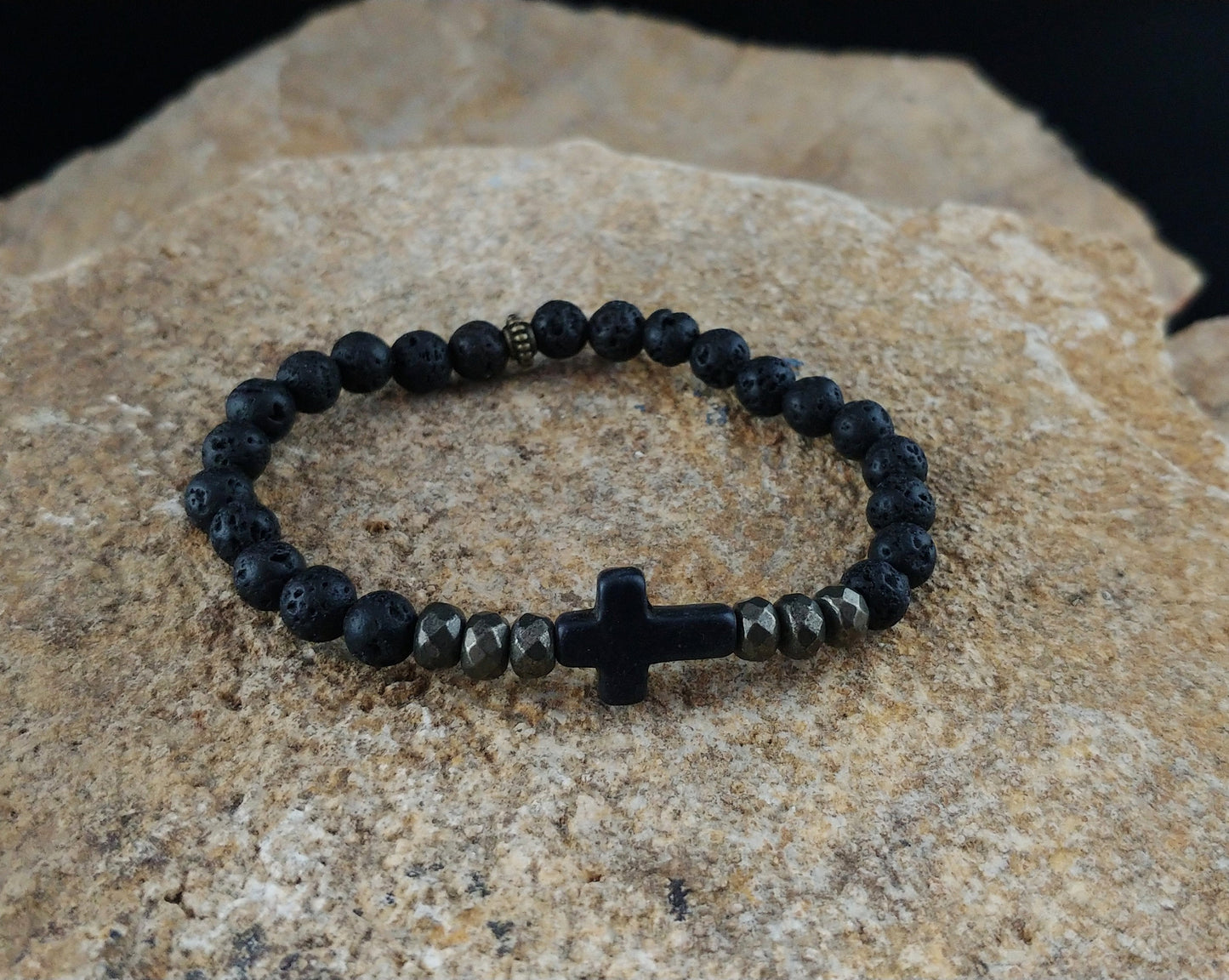 Cross Lava Bracelet with Black or White Cross and Natural Iron Pyrite Gemstone