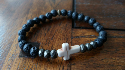 White Cross Lava Bracelet with Natural Iron Pyrite gemstone