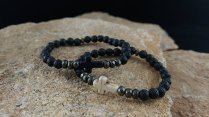 Cross Lava Bracelet with Black or White Cross and Natural Iron Pyrite Gemstone