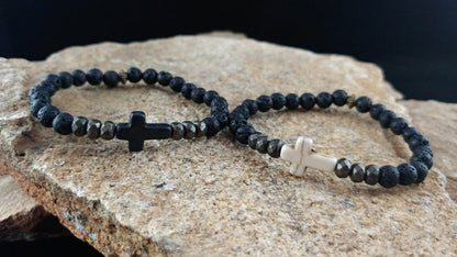 Cross Lava Bracelet with Black or White Cross and Natural Iron Pyrite Gemstone