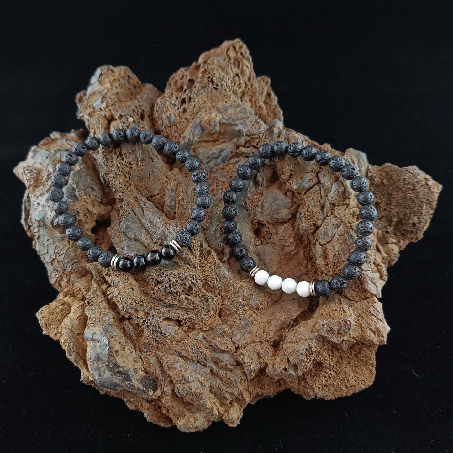 6mm LavaRock bracelets - White Natural Howlite and Black Onyx