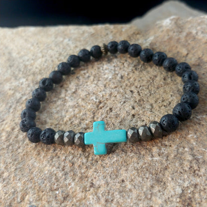 Cross Lava Bracelet with Colored Cross and Natural Iron Pyrite Gemstone