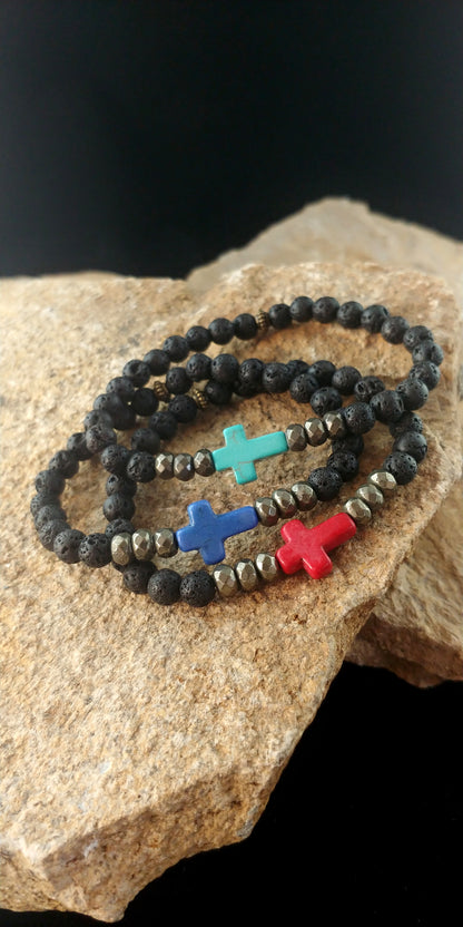 Cross Lava Bracelet with Colored Cross and Natural Iron Pyrite Gemstone