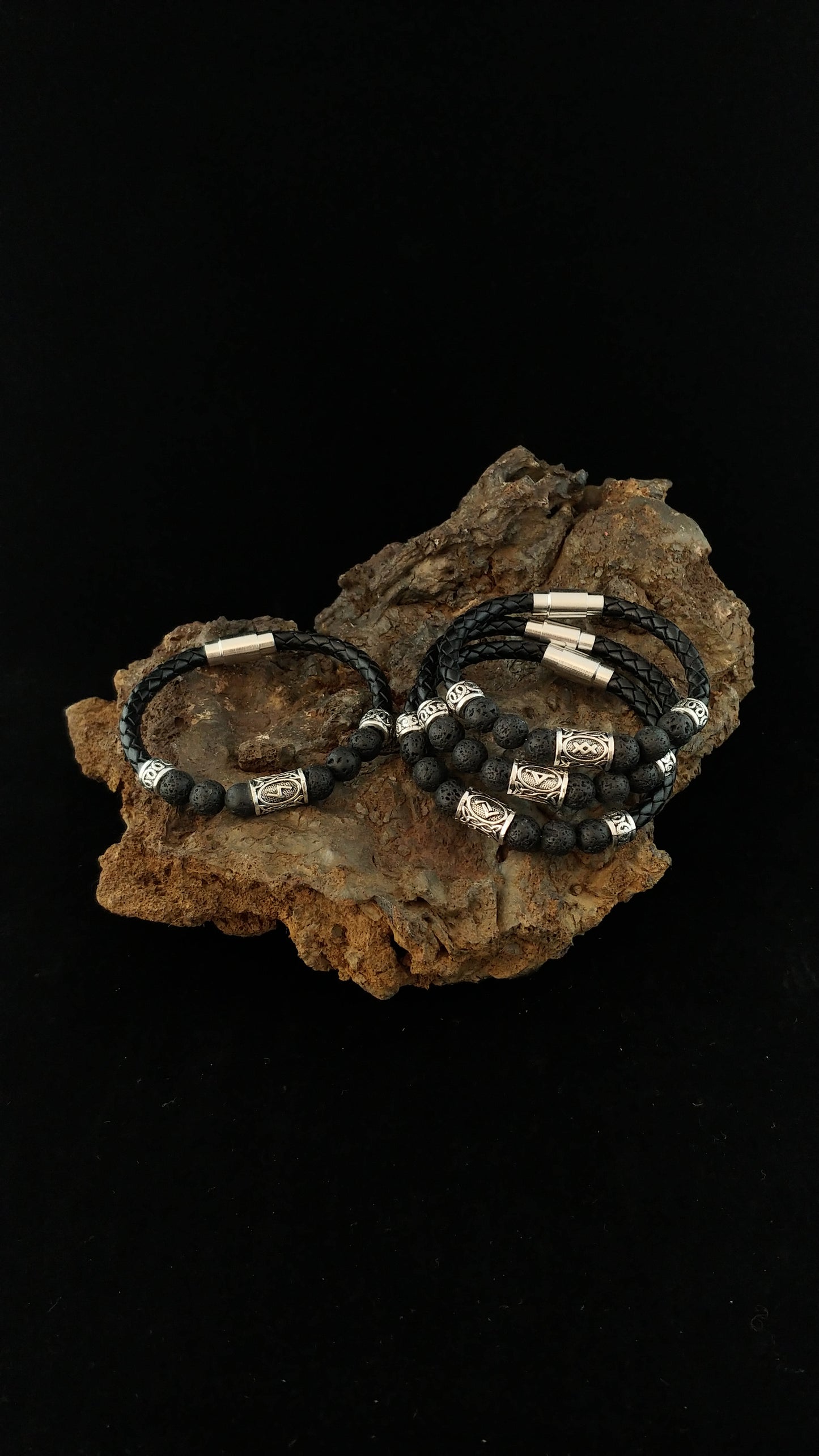 Icelandic Braided Leather Runes Lava Bracelet - Runic Viking Jewelry