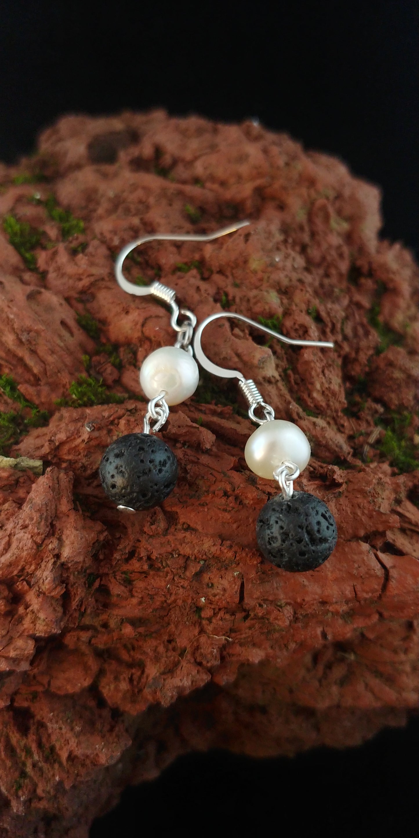 Freshwater Pearl and Lava Rock Earrings - Icelandic Nature Jewelry