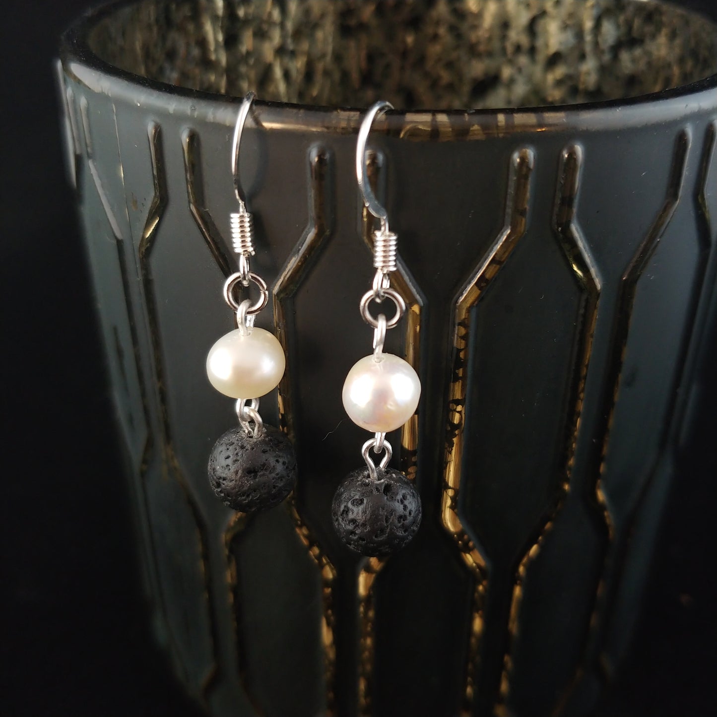 Freshwater Pearl and Lava Rock Earrings - Icelandic Nature Jewelry