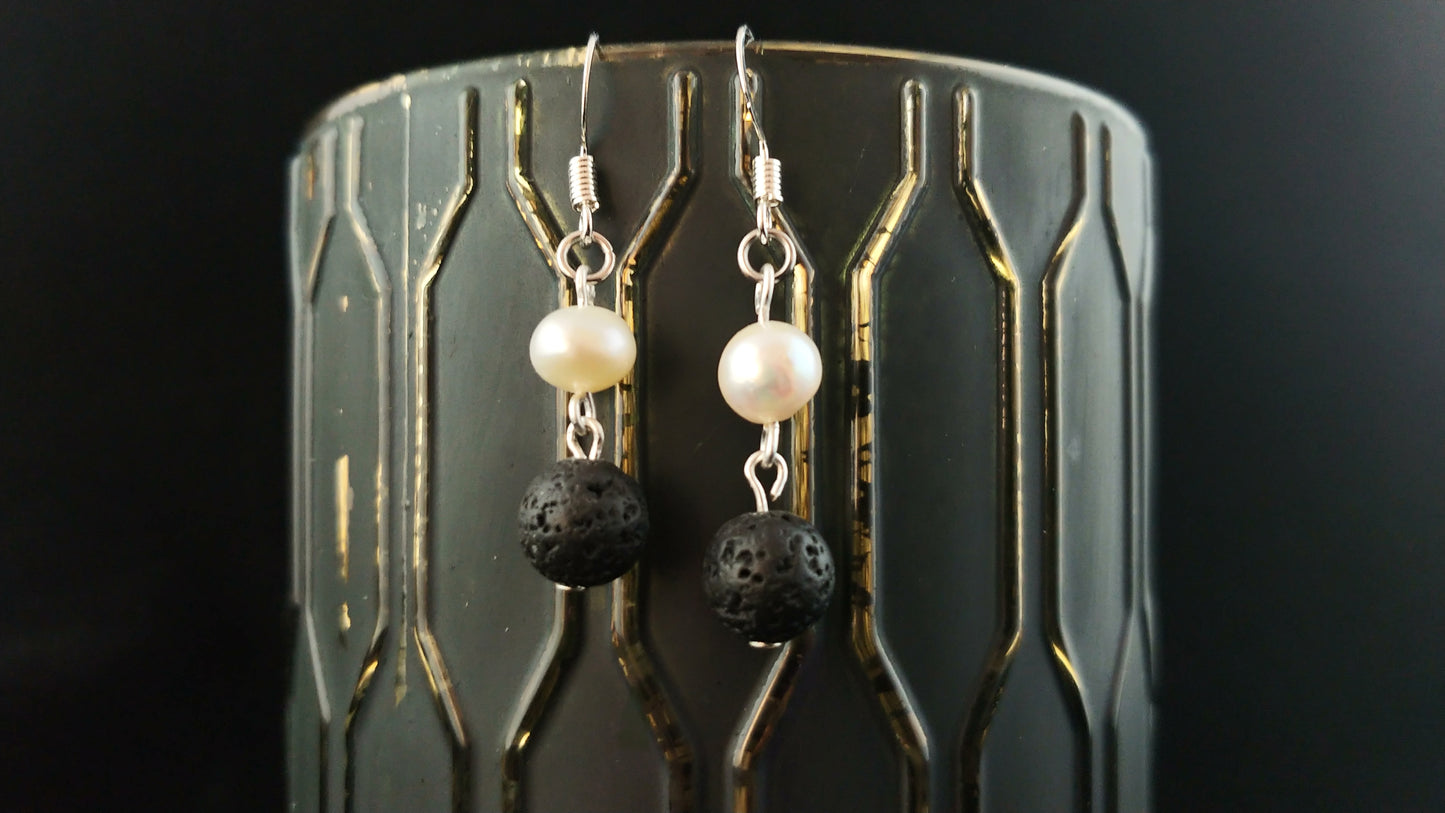 Freshwater Pearl and Lava Rock Earrings - Icelandic Nature Jewelry