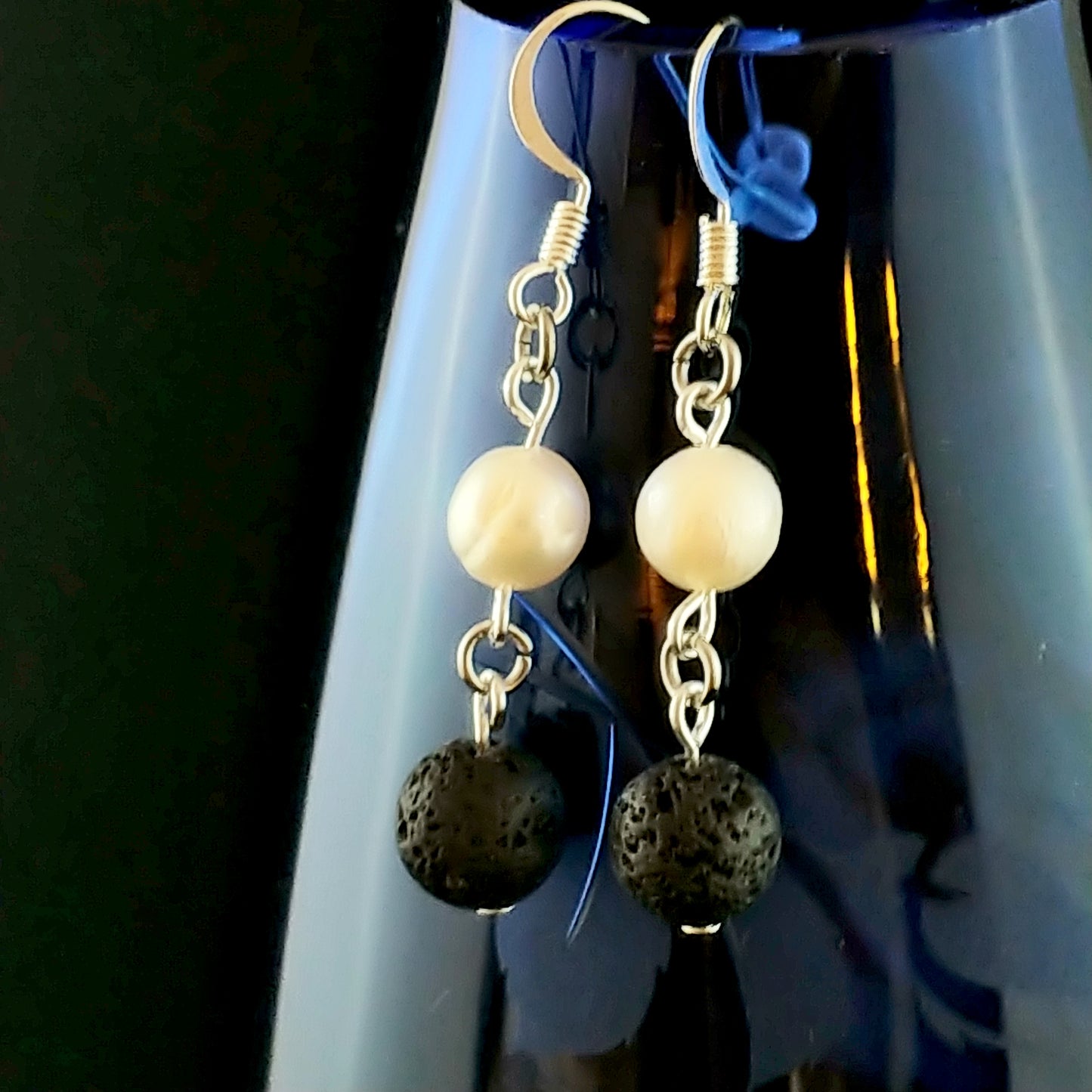 Freshwater Pearl and Lava Rock Earrings - Icelandic Nature Jewelry