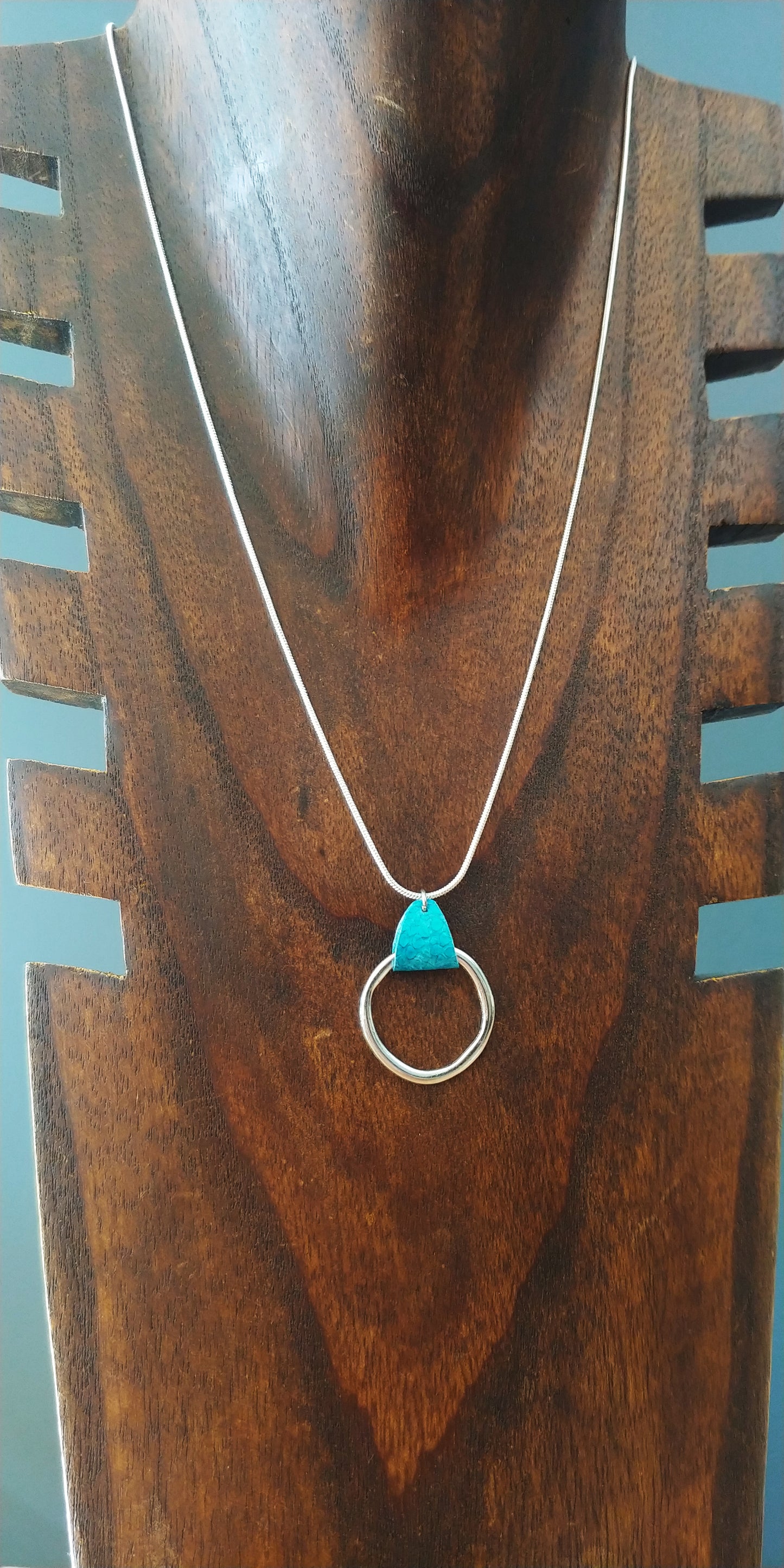 Blue Salmon Leather Silver Circle Necklace - Icelandic Fish Leather Jewelry - Handmade in Iceland