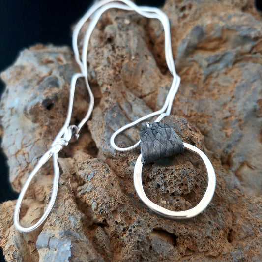 Gray Salmon Leather Silver Circle Necklace - Icelandic Fish Leather Jewelry - Handmade in Iceland