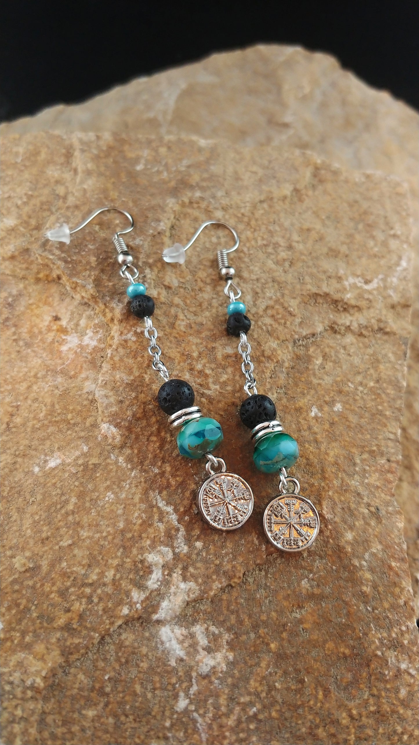 Long Lava and turquoise picasso Vegvísir Earrings - Icelandic Jewelry