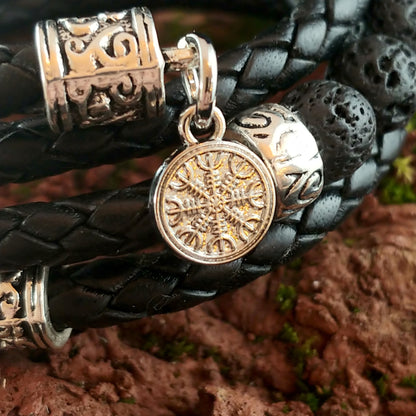 Wrapped Leather Lava Bracelet with Steel Vegvísir and Ægishjálmur charms