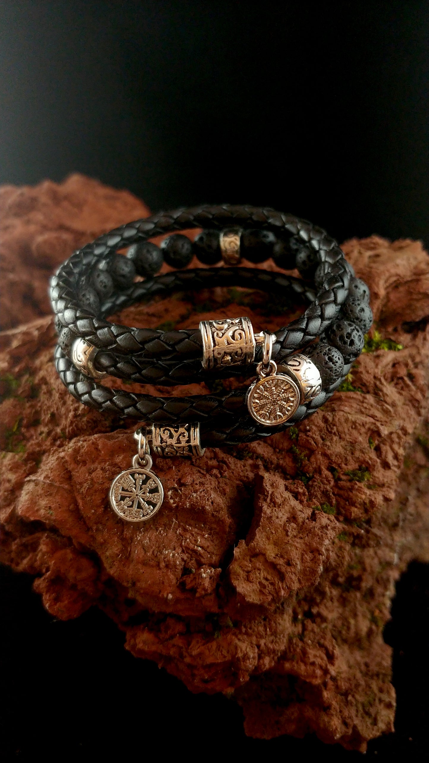 Wrapped Leather Lava Bracelet with Steel Vegvísir and Ægishjálmur charms