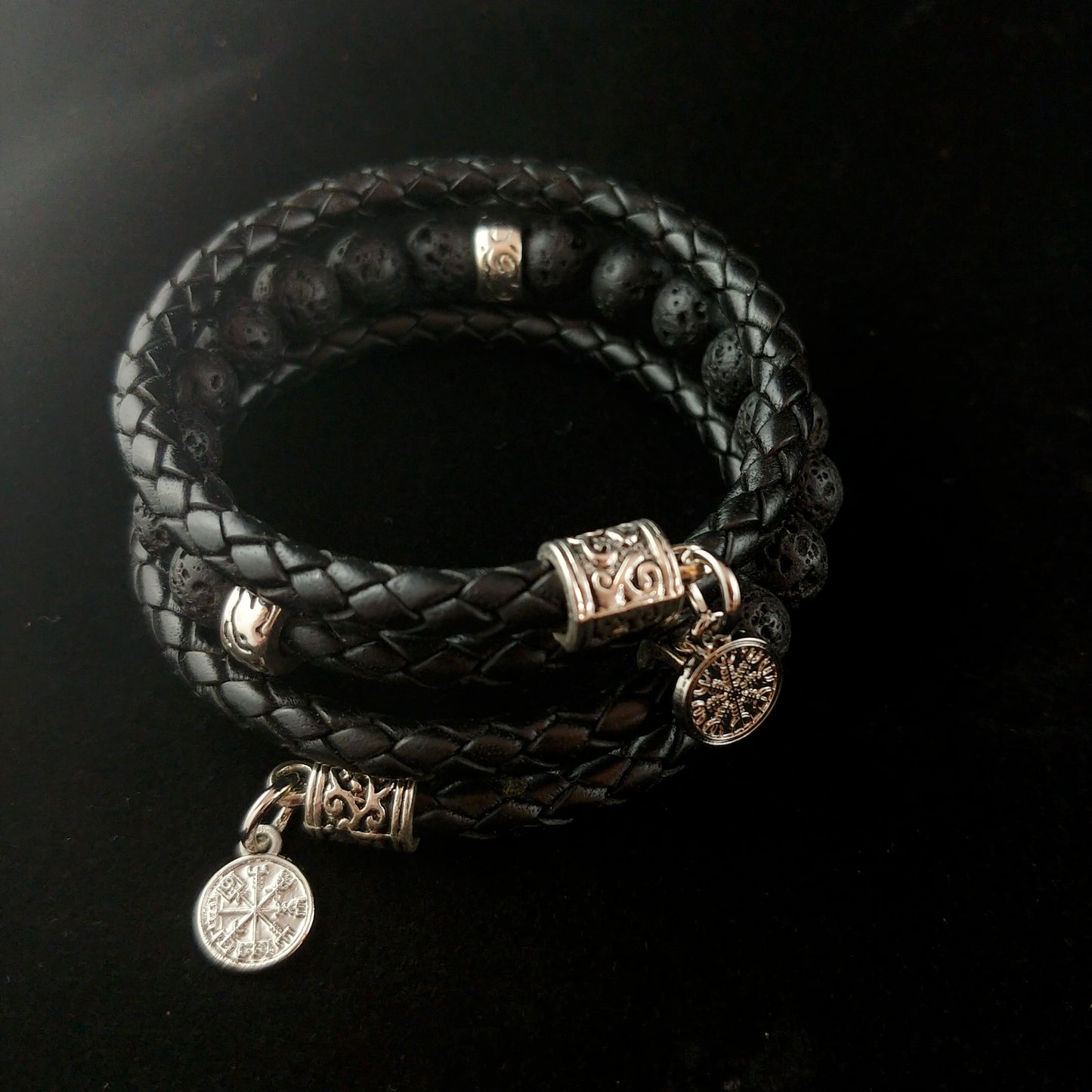 Wrapped Leather Lava Bracelet with Steel Vegvísir and Ægishjálmur charms