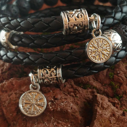 Wrapped Leather Lava Bracelet with Steel Vegvísir and Ægishjálmur charms